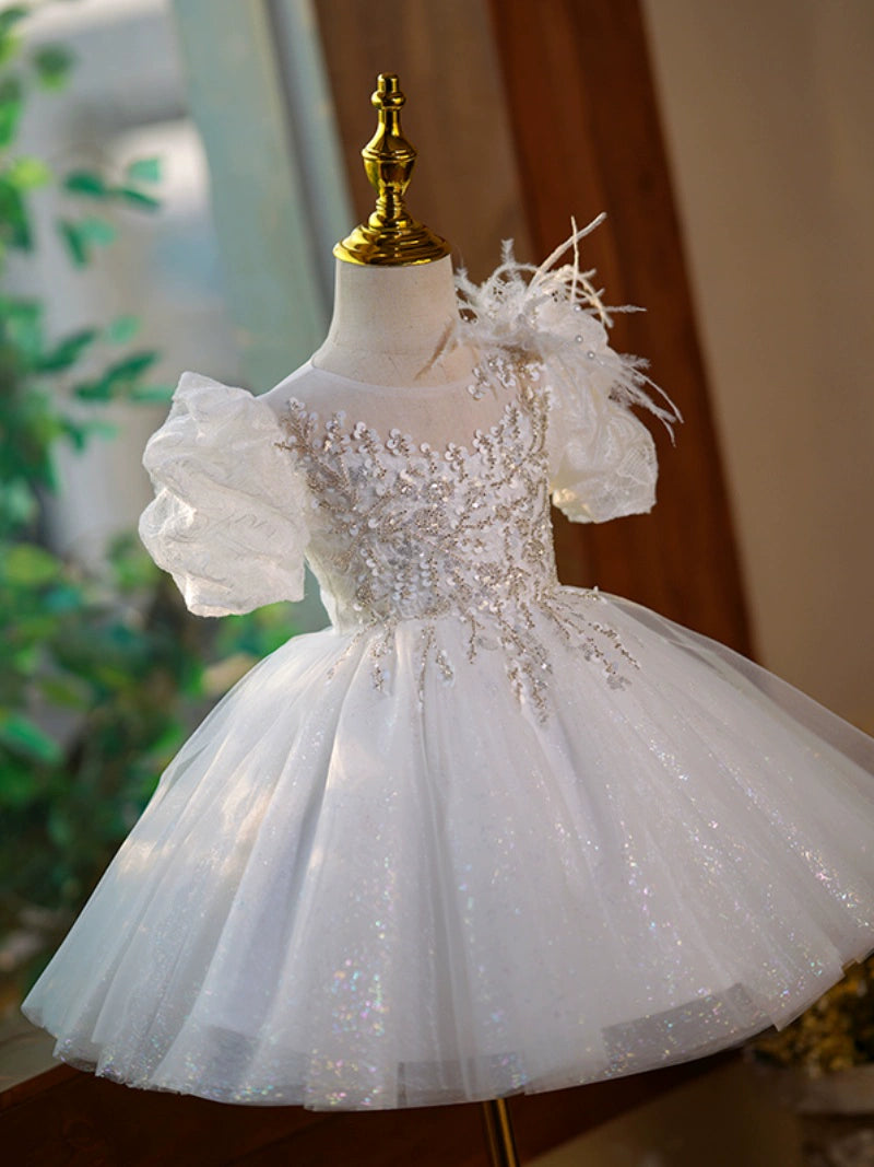 Princess White Tulle Back Zip Baptism Lace Tea Length Short Sleeve Puff Sleeve Round Flower Girl Dress