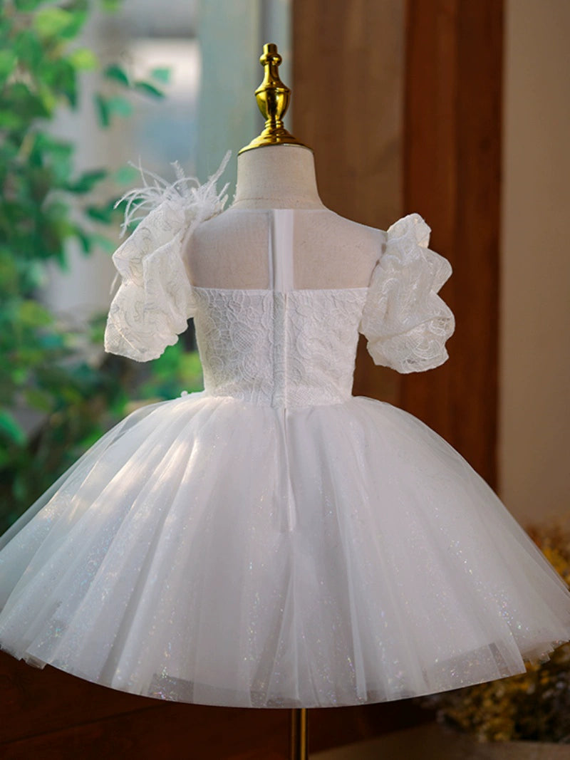 Princess White Tulle Back Zip Baptism Lace Tea Length Short Sleeve Puff Sleeve Round Flower Girl Dress