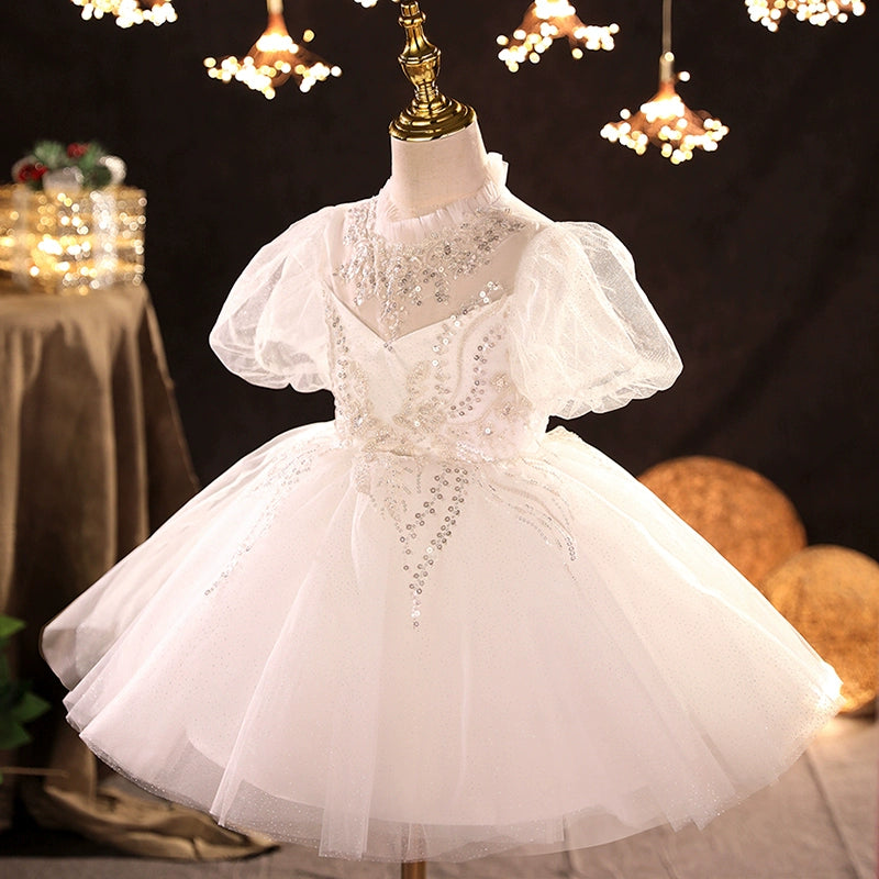 Princess White Tulle Back Zip Baptism Lace Tea Length Short Sleeve Puff Sleeve Round Flower Girl Dress