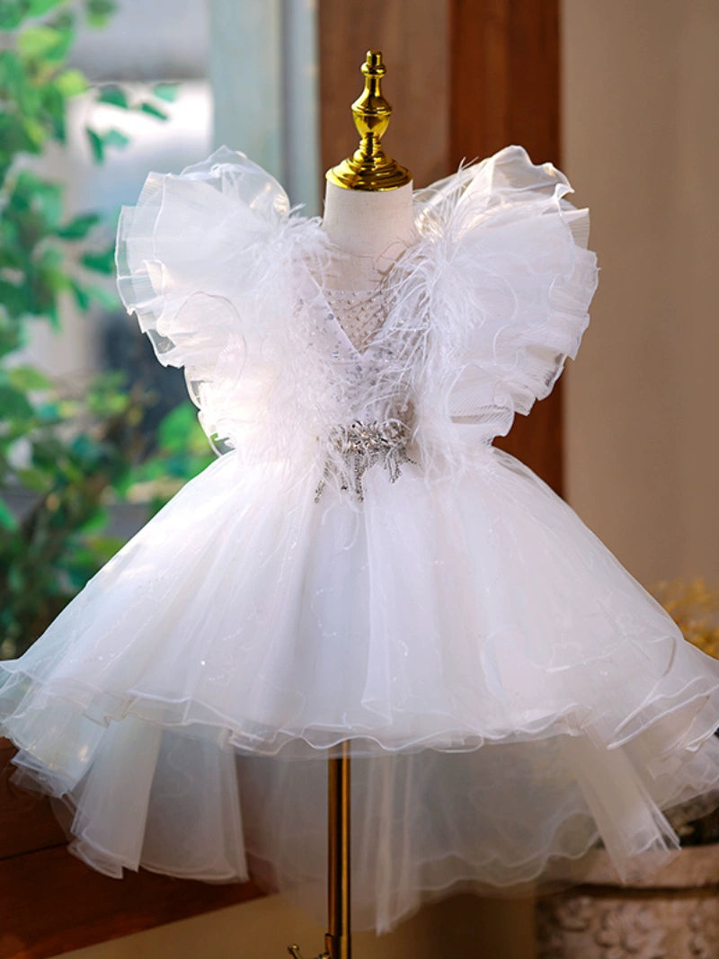 Princess White Tulle Back Zip Baptism Sequins Tea Length Short Sleeve Cap Sleeve V-Neck Flower Girl Dress
