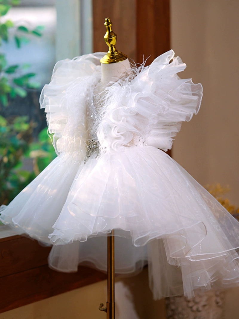 Princess White Tulle Back Zip Baptism Sequins Tea Length Short Sleeve Cap Sleeve V-Neck Flower Girl Dress