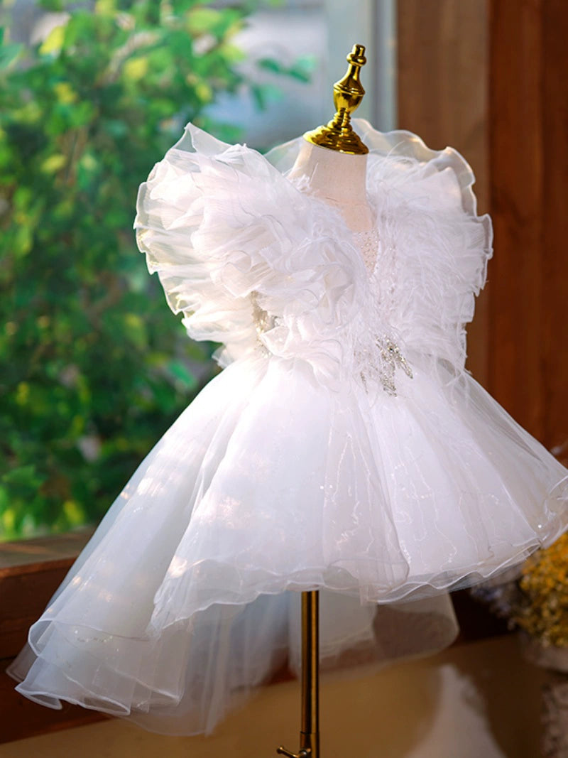 Princess White Tulle Back Zip Baptism Sequins Tea Length Short Sleeve Cap Sleeve V-Neck Flower Girl Dress