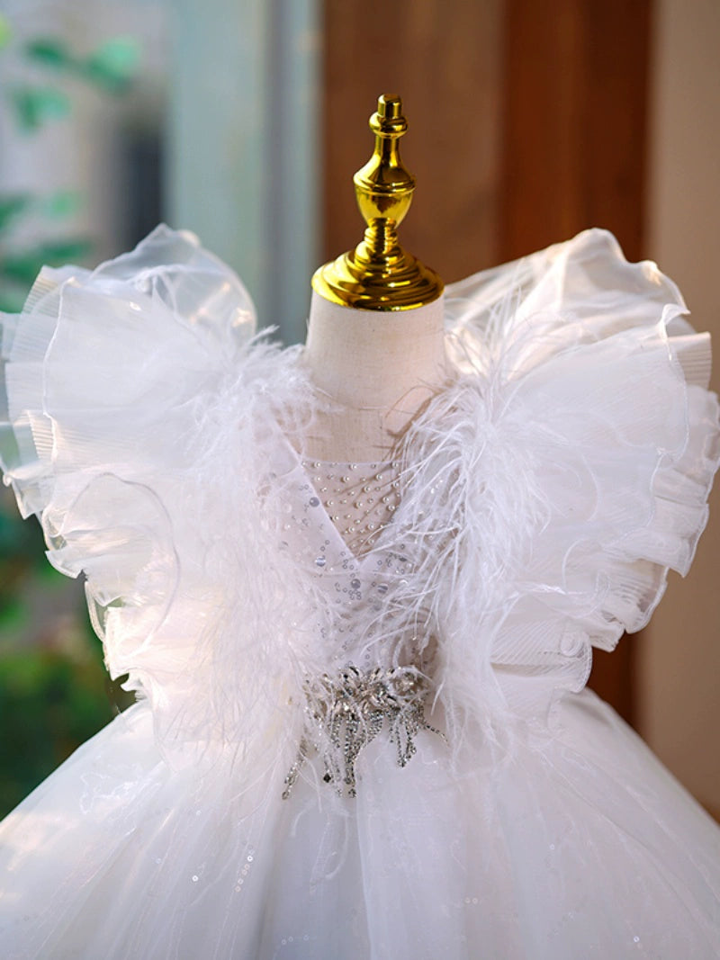 Princess White Tulle Back Zip Baptism Sequins Tea Length Short Sleeve Cap Sleeve V-Neck Flower Girl Dress