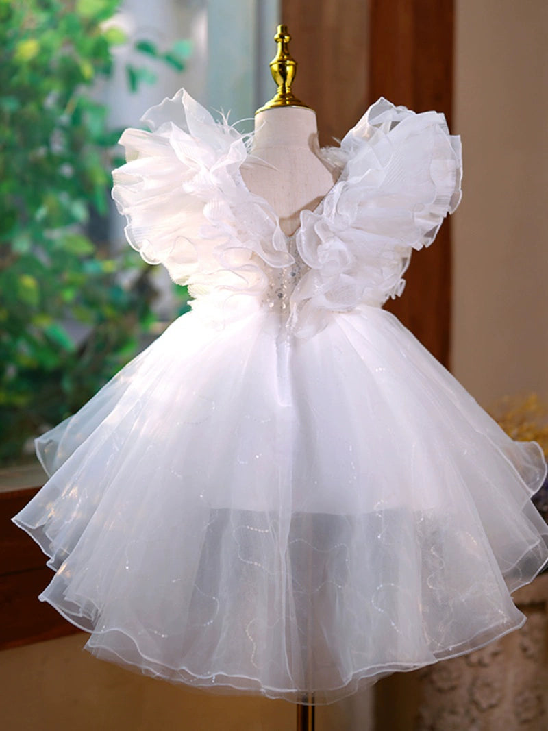 Princess White Tulle Back Zip Baptism Sequins Tea Length Short Sleeve Cap Sleeve V-Neck Flower Girl Dress