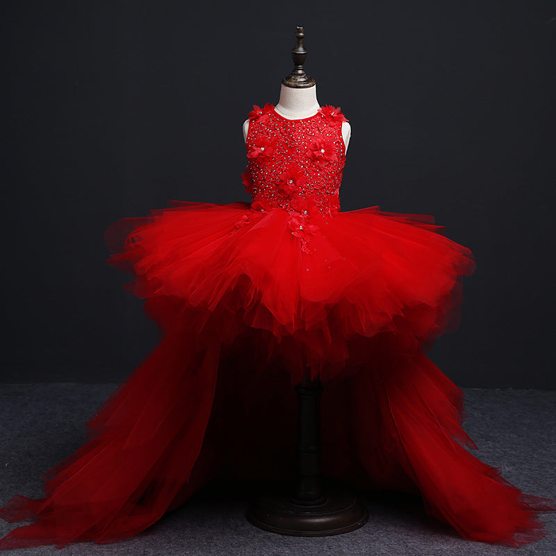 Cute Embroidered A-Line Flower Girl Dress with High-Low Train – Lace Tiered Party Gown