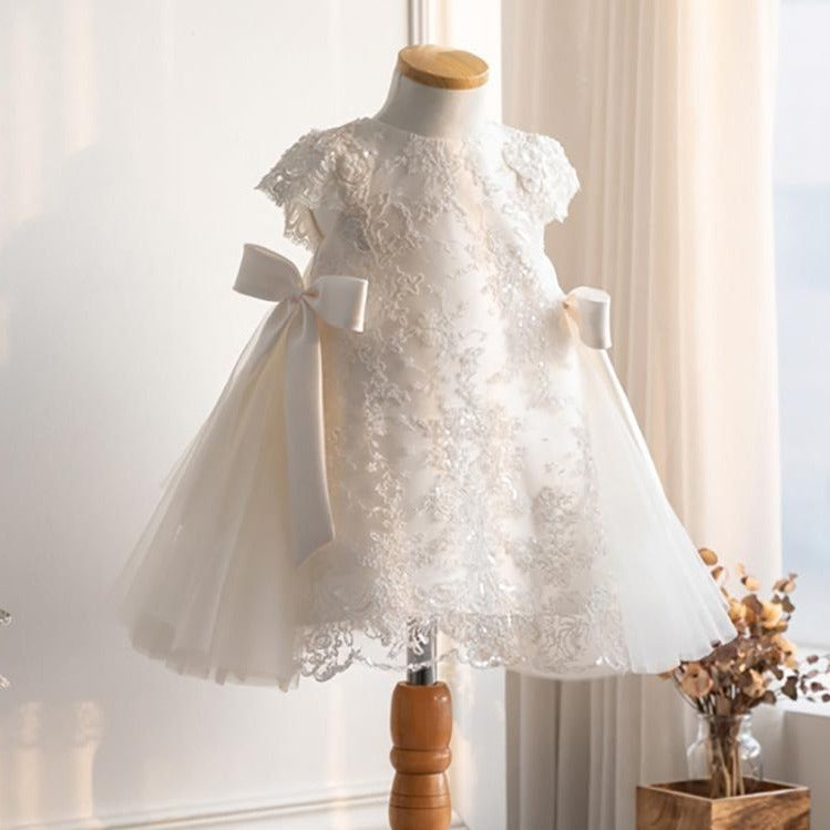 White Lace A-Line Flower Girl Dress with Bow & Tea Length for Parties