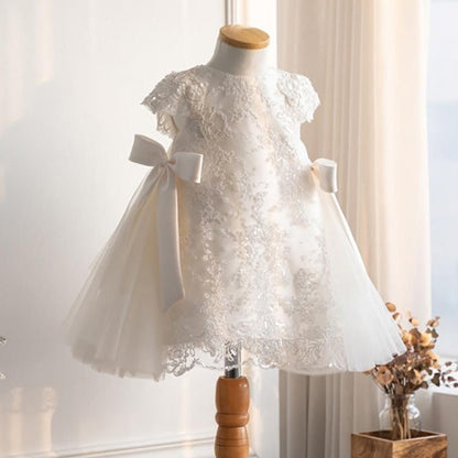 White Lace A-Line Flower Girl Dress with Bow & Tea Length for Parties
