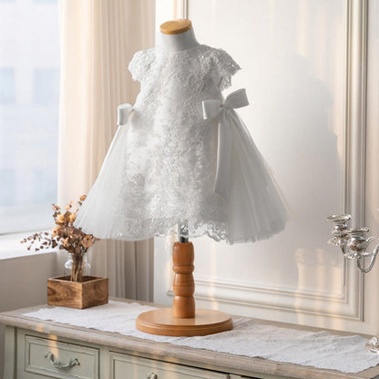 White Lace A-Line Flower Girl Dress with Bow & Tea Length for Parties