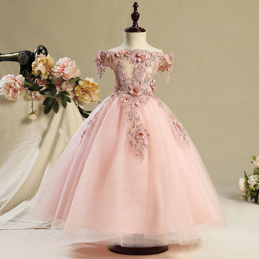 A-Line Off-Shoulder Maxi Flower Girl Dress – Tulle with Applique & Lace
