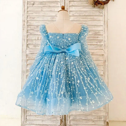 Cute A-Line Sequin Tulle Tea Length Flower Girl Party Dress