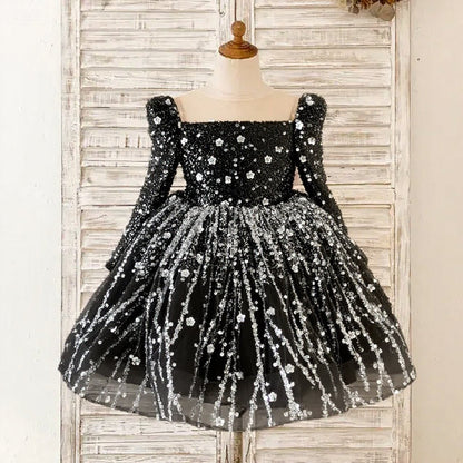 Cute A-Line Sequin Tulle Tea Length Flower Girl Party Dress