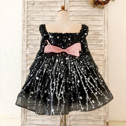 Cute A-Line Sequin Tulle Tea Length Flower Girl Party Dress