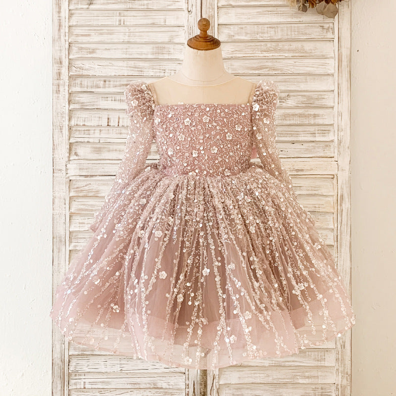 Cute A-Line Sequin Tulle Tea Length Flower Girl Party Dress