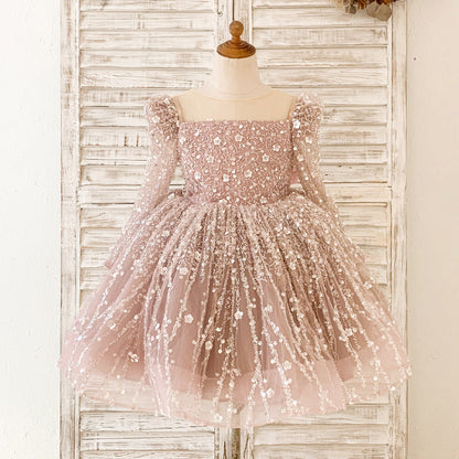 Cute A-Line Sequin Tulle Tea Length Flower Girl Party Dress