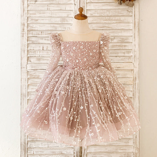 Cute A-Line Sequin Tulle Tea Length Flower Girl Party Dress