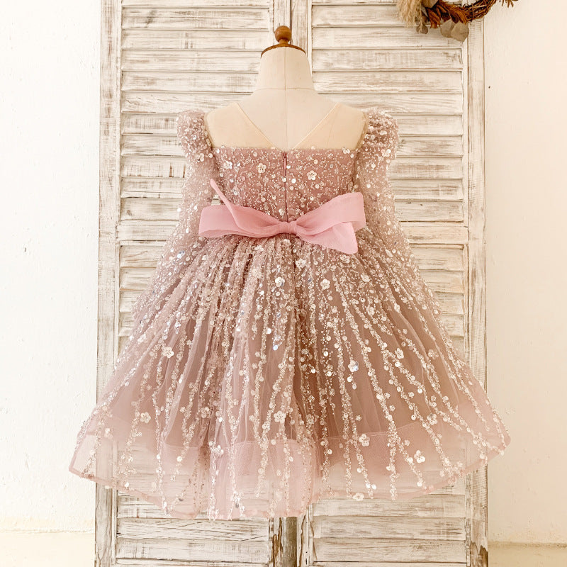 Cute A-Line Sequin Tulle Tea Length Flower Girl Party Dress