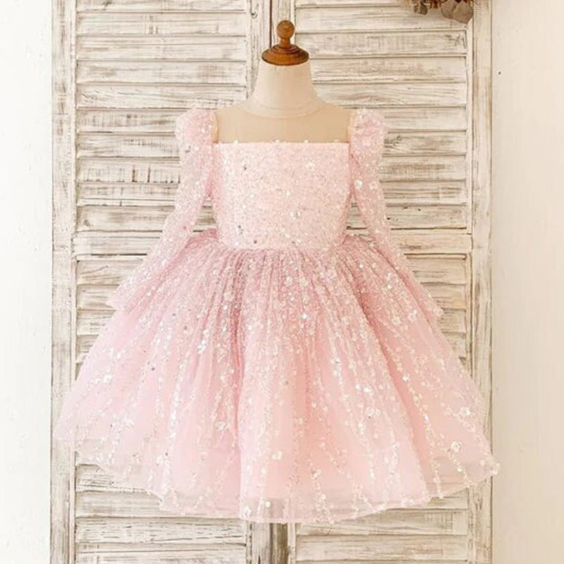 Cute A-Line Sequin Tulle Tea Length Flower Girl Party Dress