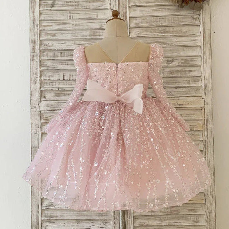 Cute A-Line Sequin Tulle Tea Length Flower Girl Party Dress