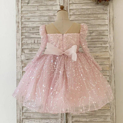Cute A-Line Sequin Tulle Tea Length Flower Girl Party Dress