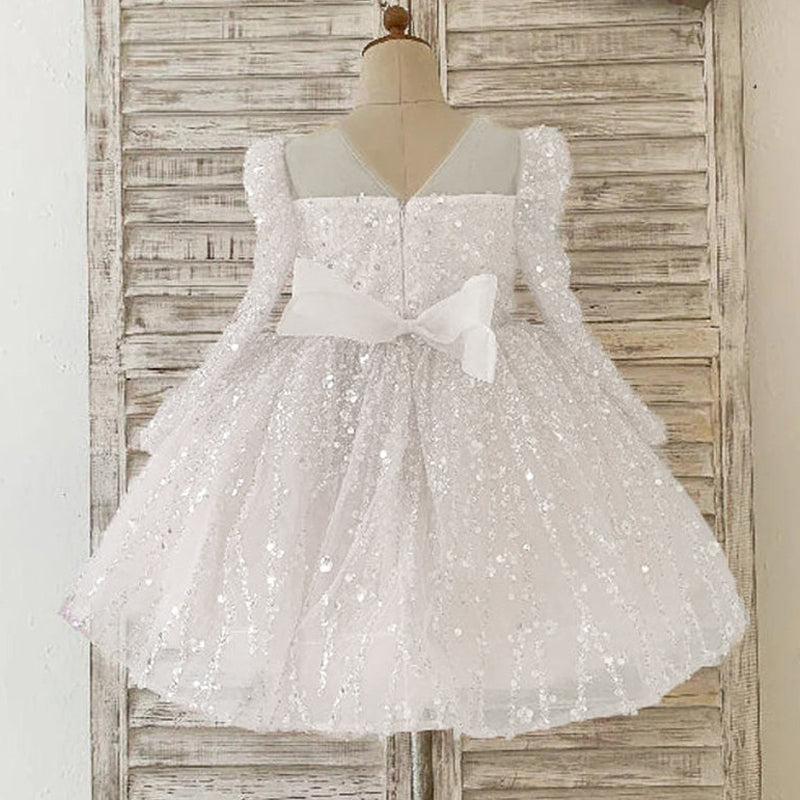 Cute A-Line Sequin Tulle Tea Length Flower Girl Party Dress