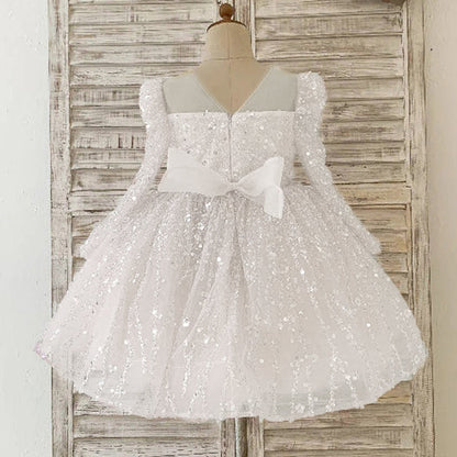 Cute A-Line Sequin Tulle Tea Length Flower Girl Party Dress