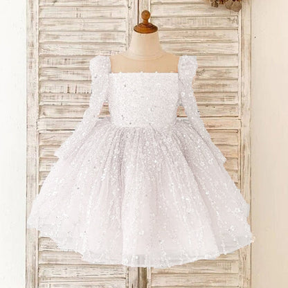 Cute A-Line Sequin Tulle Tea Length Flower Girl Party Dress