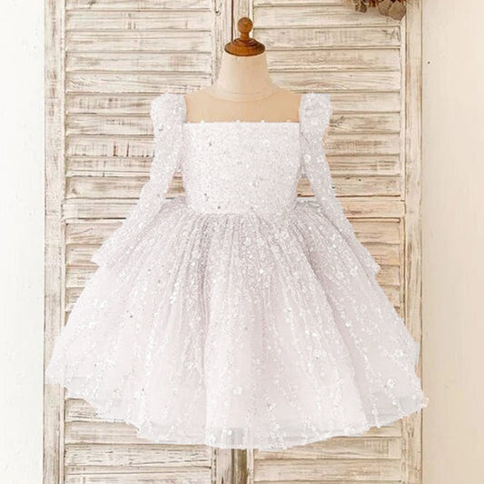 Cute A-Line Sequin Tulle Tea Length Flower Girl Party Dress