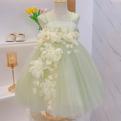 A-Line Sweetheart Neck Tea Length Tulle Dress with Floral Appliqu - Light Green / 2-3 Years (100cm) - Fleur Kids A-Line Sweetheart Neck Tea Length Tulle Dress with Floral Appliqu - Light Green / 2-3 Years (100cm) - Fleur Kids