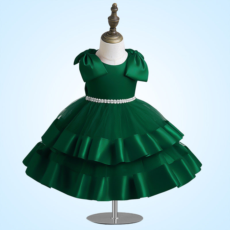 A-Line Tea Length Flower Girl Dress with Sequins & Bow – Kids Party Gown for Ages 1-5