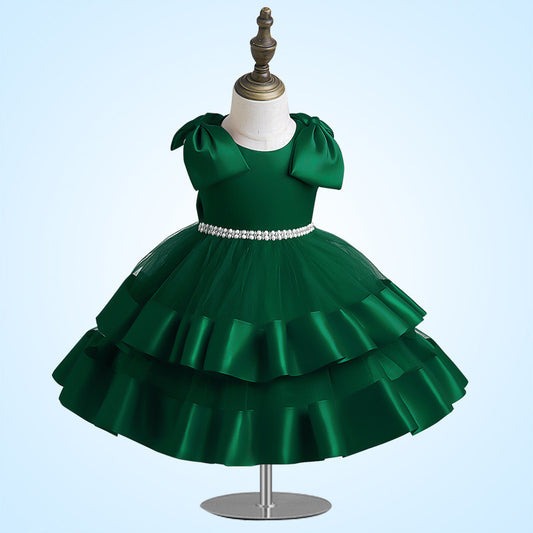 A-Line Tea Length Flower Girl Dress with Sequins & Bow – Kids Party Gown for Ages 1-5