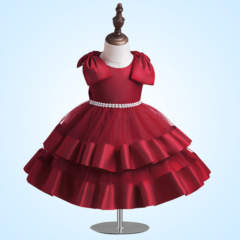 A-Line Tea Length Flower Girl Dress with Sequins & Bow – Kids Party Gown for Ages 1-5