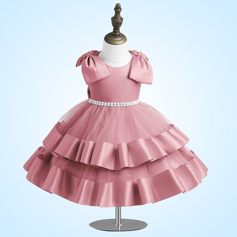 A-Line Tea Length Flower Girl Dress with Sequins & Bow – Kids Party Gown for Ages 1-5