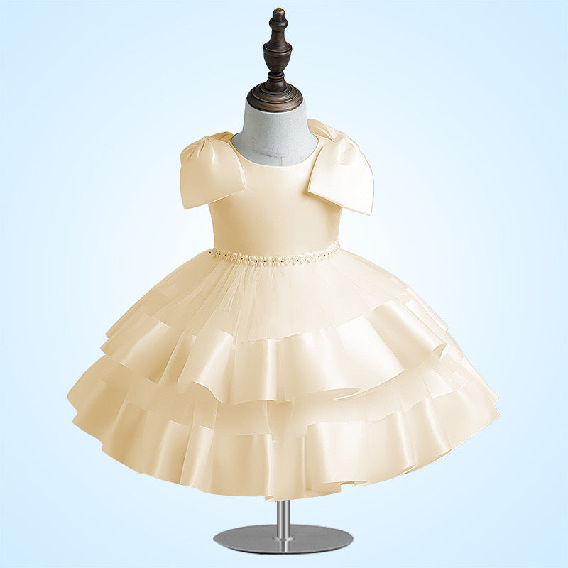 A-Line Tea Length Flower Girl Dress with Sequins & Bow – Kids Party Gown for Ages 1-5
