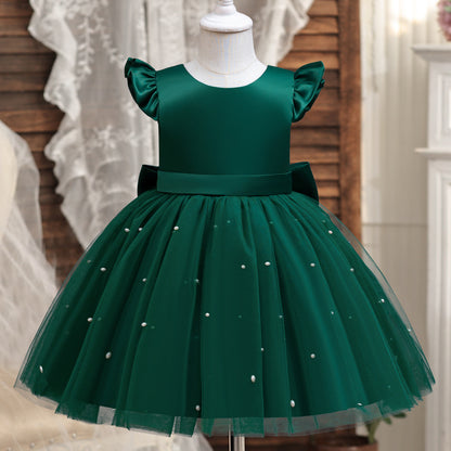 Cute Tulle & Satin A-line Girls Party Dress with Bow & Sequins | Tea Length Flower Girl Dress