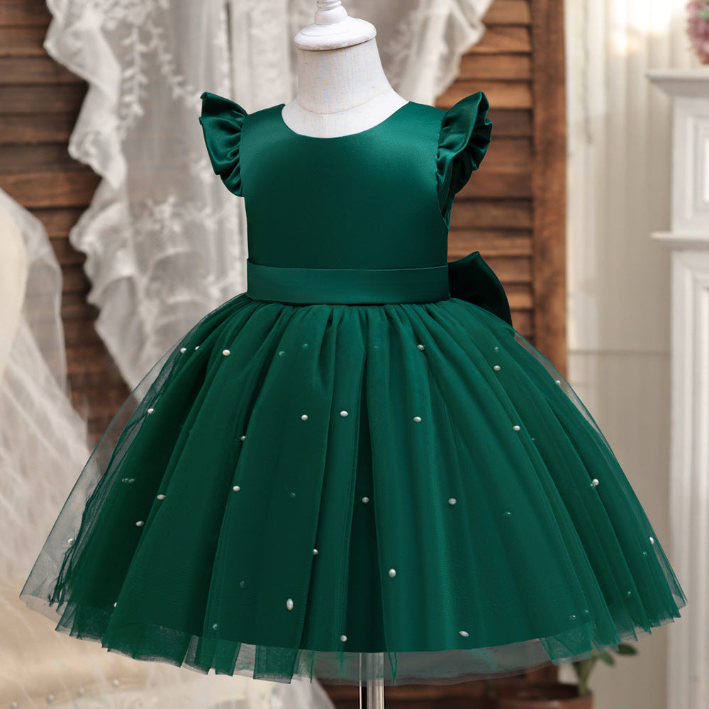 Cute Tulle & Satin A-line Girls Party Dress with Bow & Sequins | Tea Length Flower Girl Dress