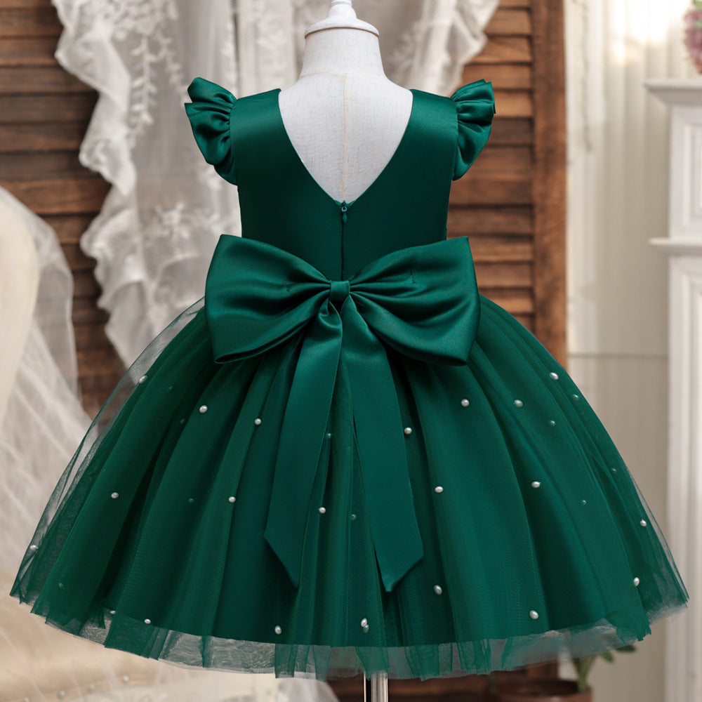 Cute Tulle & Satin A-line Girls Party Dress with Bow & Sequins | Tea Length Flower Girl Dress