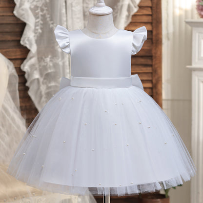 Cute Tulle & Satin A-line Girls Party Dress with Bow & Sequins | Tea Length Flower Girl Dress