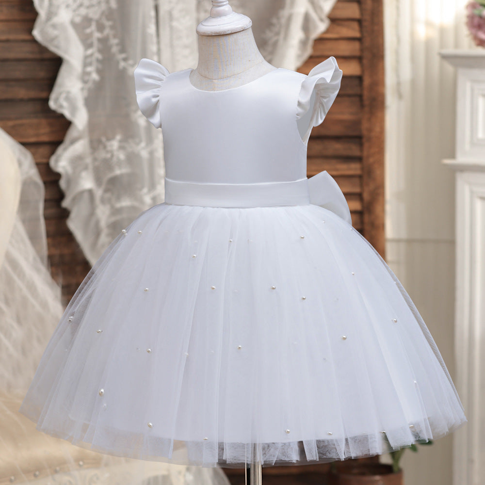 Cute Tulle & Satin A-line Girls Party Dress with Bow & Sequins | Tea Length Flower Girl Dress