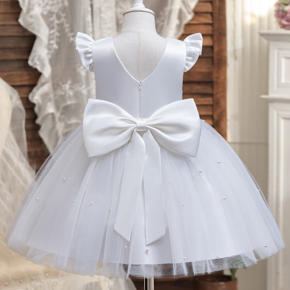 Cute Tulle & Satin A-line Girls Party Dress with Bow & Sequins | Tea Length Flower Girl Dress