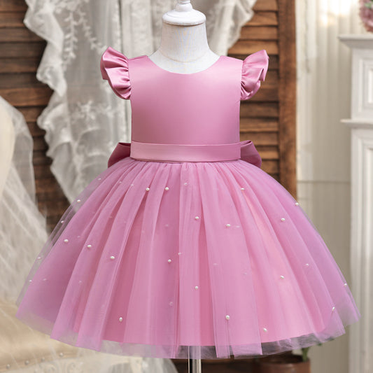 Cute Tulle & Satin A-line Girls Party Dress with Bow & Sequins | Tea Length Flower Girl Dress