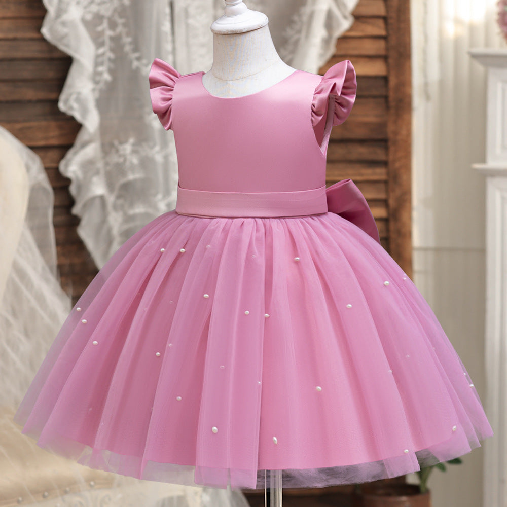 Cute Tulle & Satin A-line Girls Party Dress with Bow & Sequins | Tea Length Flower Girl Dress