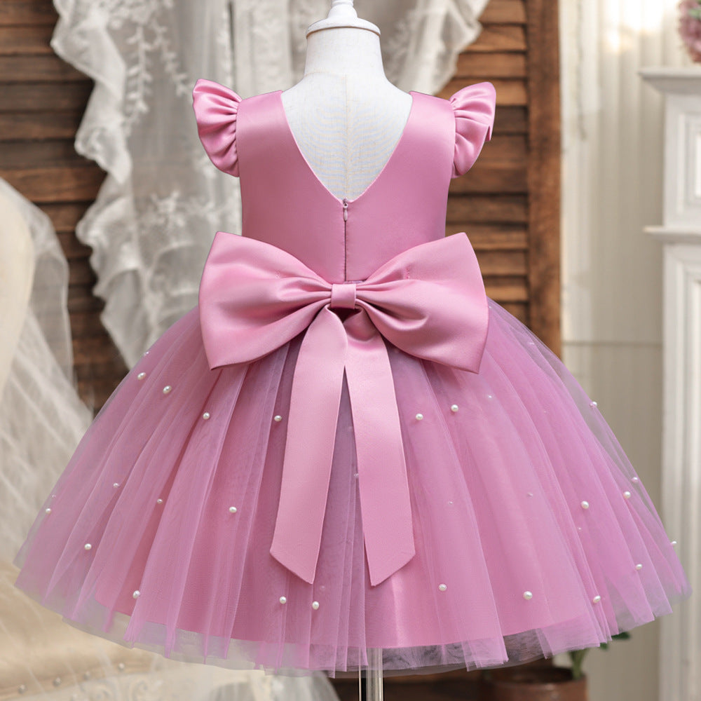 Cute Tulle & Satin A-line Girls Party Dress with Bow & Sequins | Tea Length Flower Girl Dress