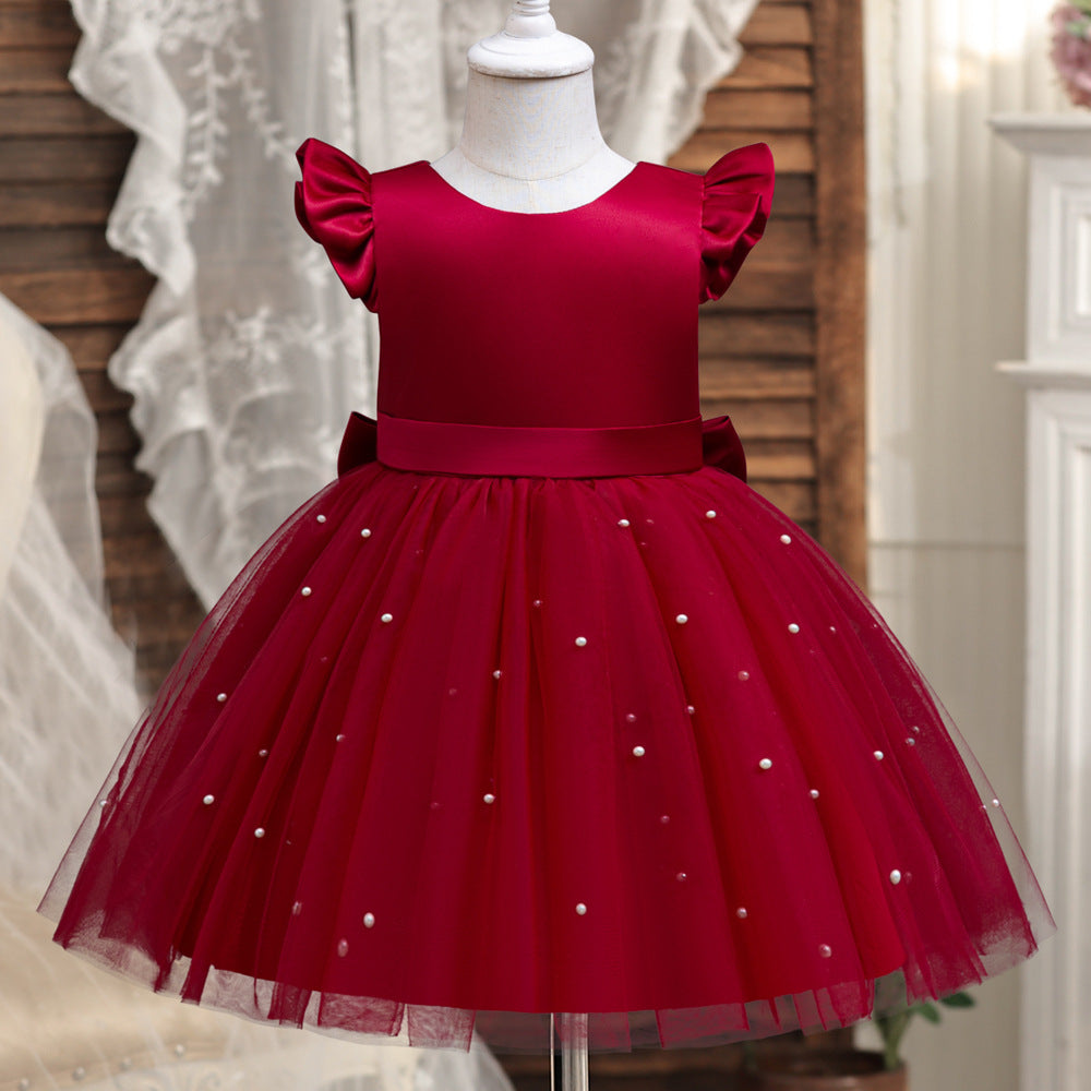 Cute Tulle & Satin A-line Girls Party Dress with Bow & Sequins | Tea Length Flower Girl Dress