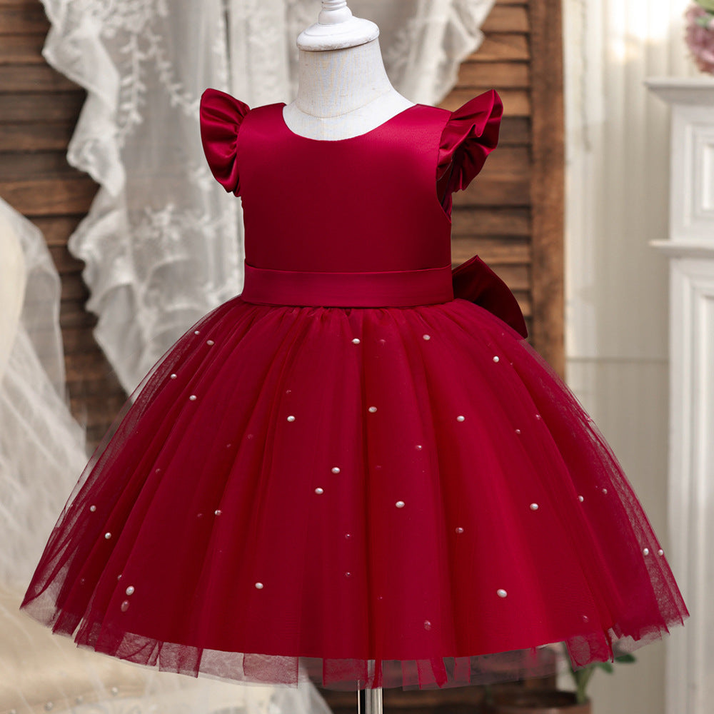 Cute Tulle & Satin A-line Girls Party Dress with Bow & Sequins | Tea Length Flower Girl Dress
