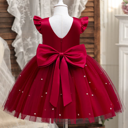 Cute Tulle & Satin A-line Girls Party Dress with Bow & Sequins | Tea Length Flower Girl Dress