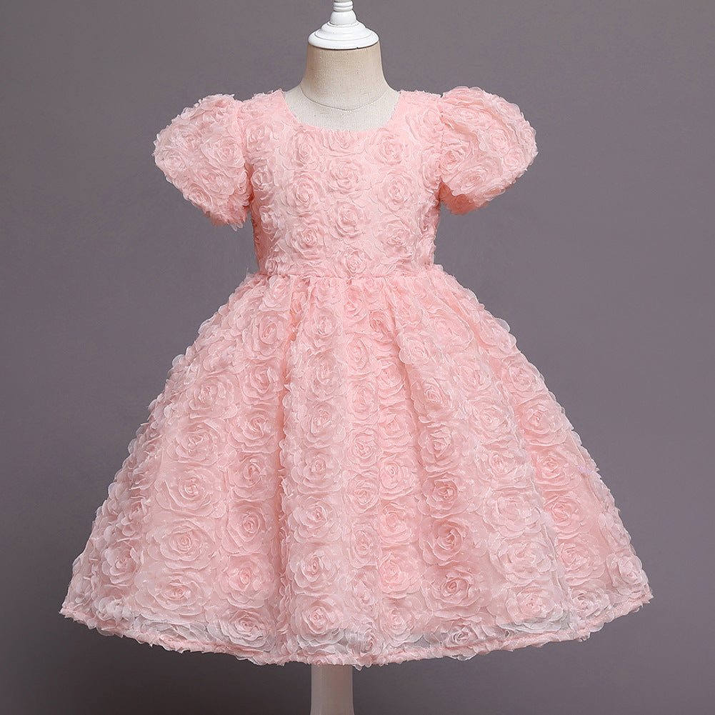 Puffy Flower Tea Length Dress for Baby Girls – Pink Birthday & Celebration Outfit