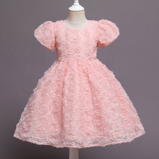 Puffy Flower Tea Length Dress for Baby Girls – Pink Birthday & Celebration Outfit