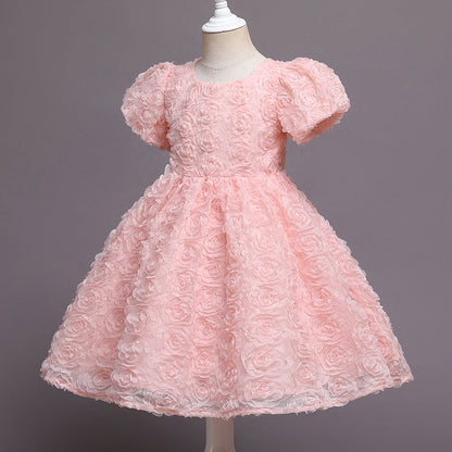 Puffy Flower Tea Length Dress for Baby Girls – Pink Birthday & Celebration Outfit