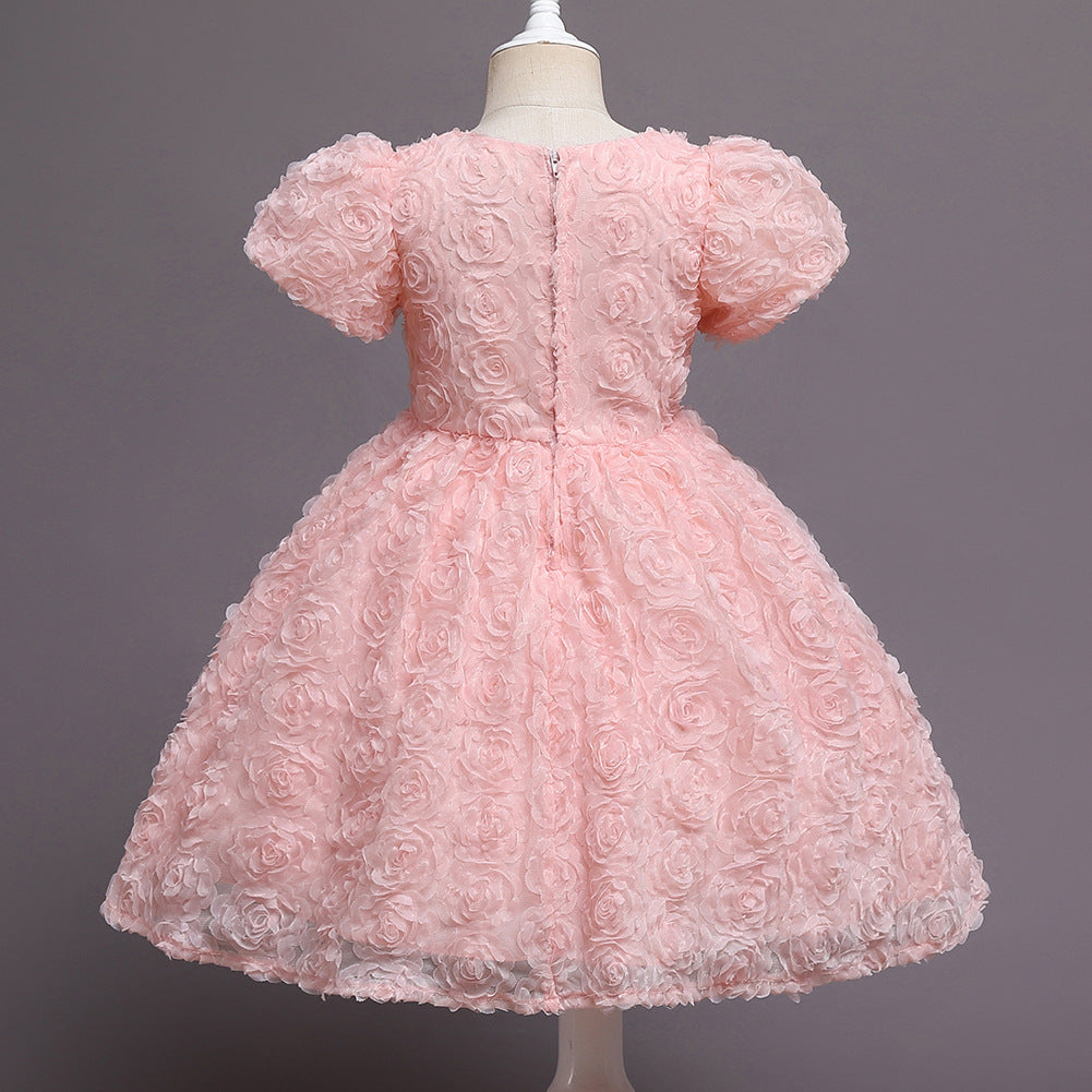 Puffy Flower Tea Length Dress for Baby Girls – Pink Birthday & Celebration Outfit