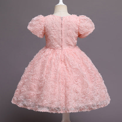 Puffy Flower Tea Length Dress for Baby Girls – Pink Birthday & Celebration Outfit